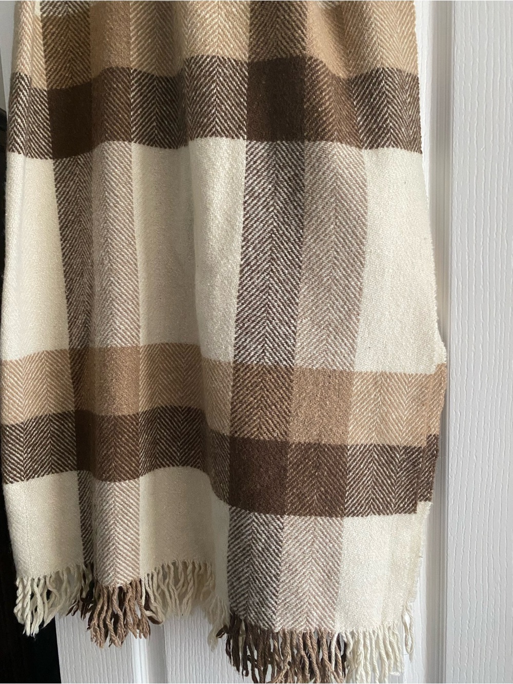 Cozy Plaid Fringe Throw Blanket in Cream and Brown